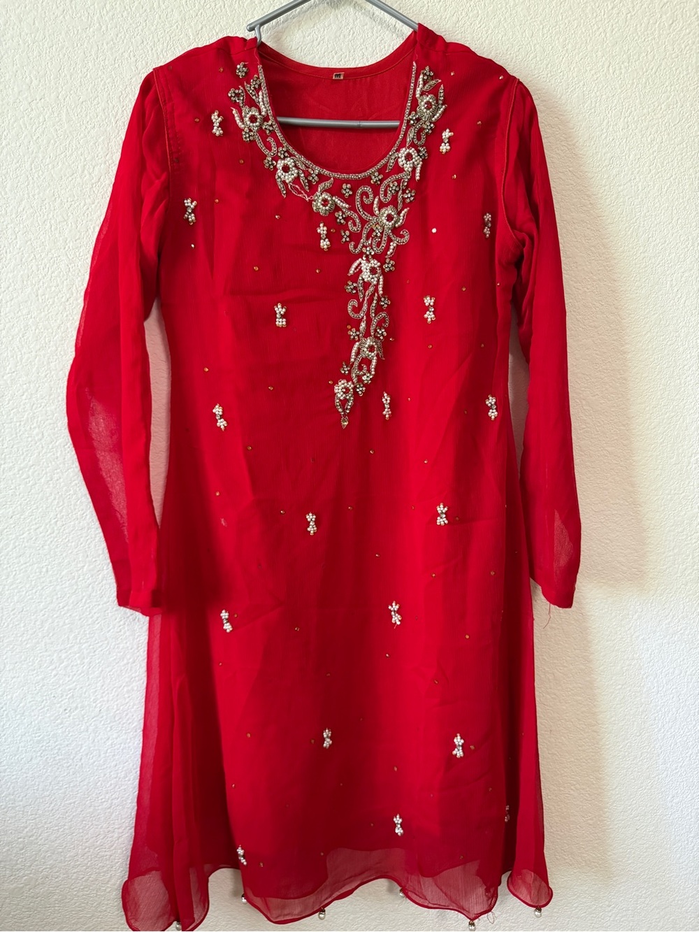 Red Beaded Dress with Embellished Neckline